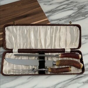 Vintage Cooper Bros & Sons Sheffield England Stag Antler Handle Carving Set; 3pc